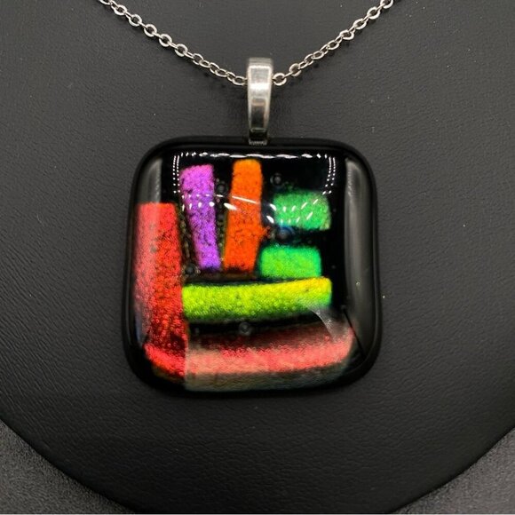 Eccentric Art Glass Neon Colored Square Pendant Necklace - Picture 7 of 8